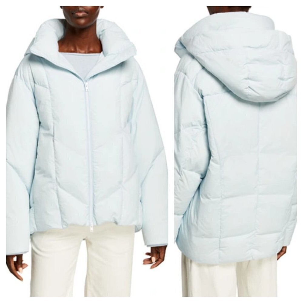 Vince NWT Down Puffer Jacket Coat Hooded Quilted Pale Glacier Blue Women L Wool